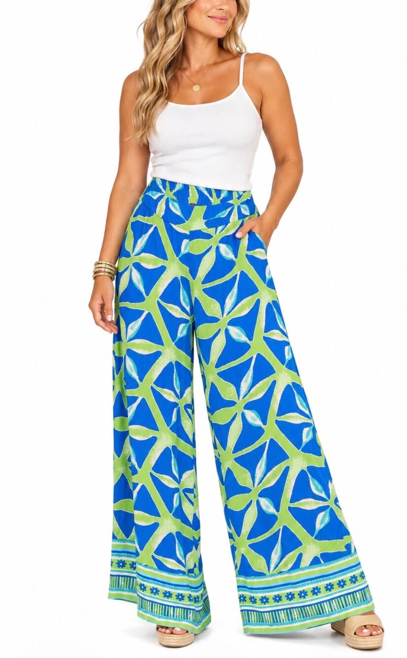 Haute Hippie Style’n Tropical Floral Wide Leg Palazzo Pants Blue Green M
